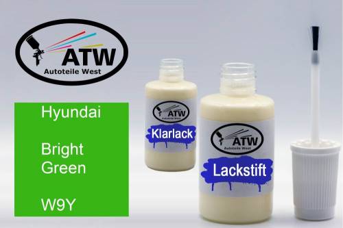 Hyundai, Bright Green, W9Y: 20ml Lackstift + 20ml Klarlack - Set, von ATW Autoteile West.